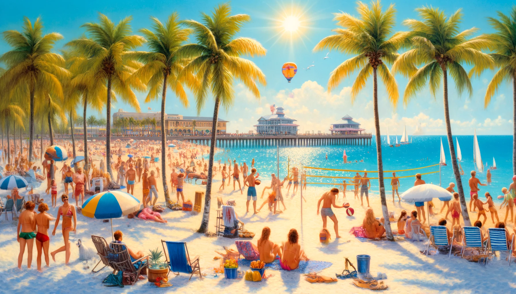 DALL·E 2024-05-20 08.37.28 - A vibrant scene of Florida tourism featuring a sunny beach with people sunbathing, swimming, and playing volleyball. In the background, there are palm